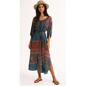 Sundance XL Boho‎ Midi Maxi Dress Jewel Tone Modal Resort Wear Tie Waist NWT